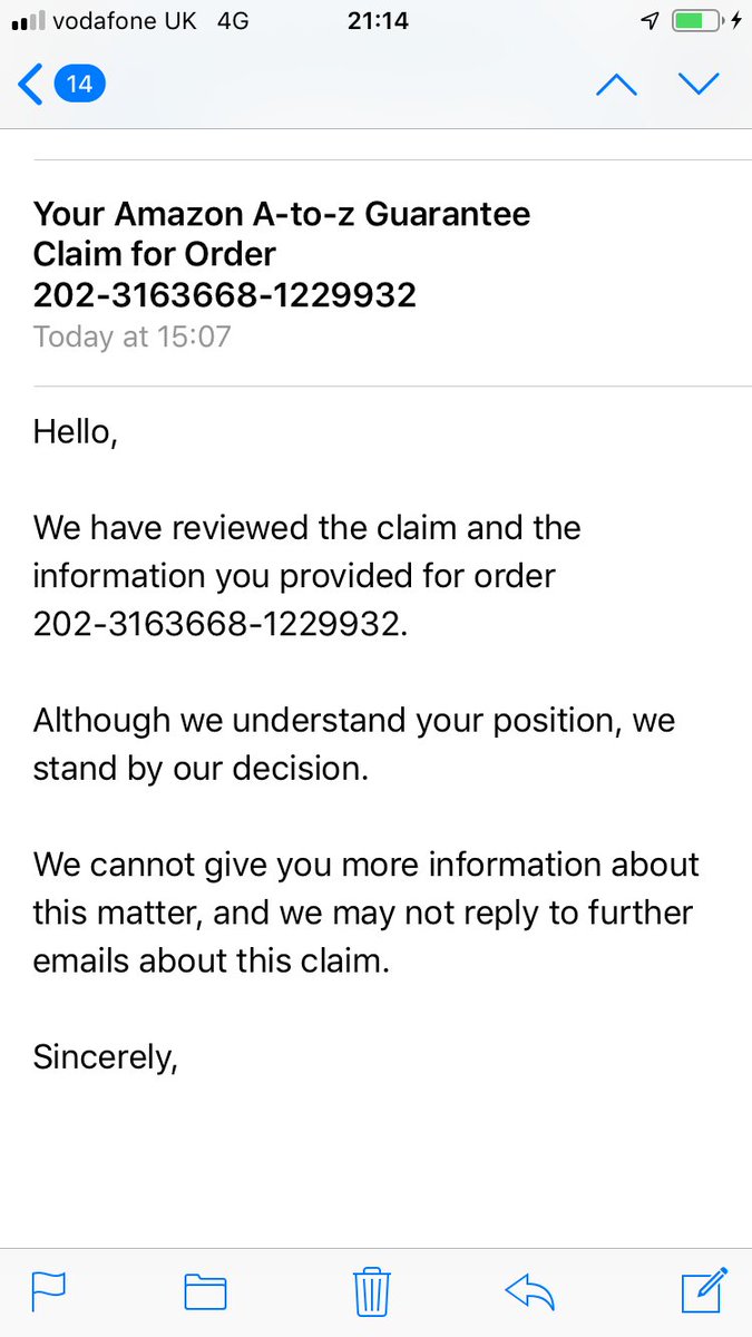 jbench775's tweet photo. @amazon @JeffBezos what kind of customer service is this? Seller mis-represented the item, then stone walled after making a claim? Don’t care about the £75 more disappointed with the response!!! https://t.co/vFA5WW8eYt