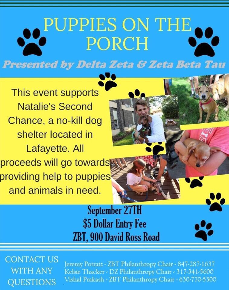 ZBTPurdueAA's tweet photo. Join us this Thursday between 5:30 and 8:30 for Puppies on the Porch supporting Natalie’s Second Chance! For $5, come ready to play with the cutest puppies in West Lafayette! Also, come hungry as food will be provided. https://t.co/izuiAqTJr0
