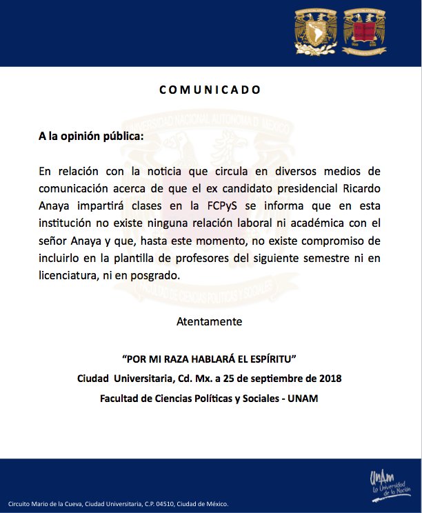 UNAM_FCPyS's tweet image. #COMUNICADO || La #FCPyS informa: