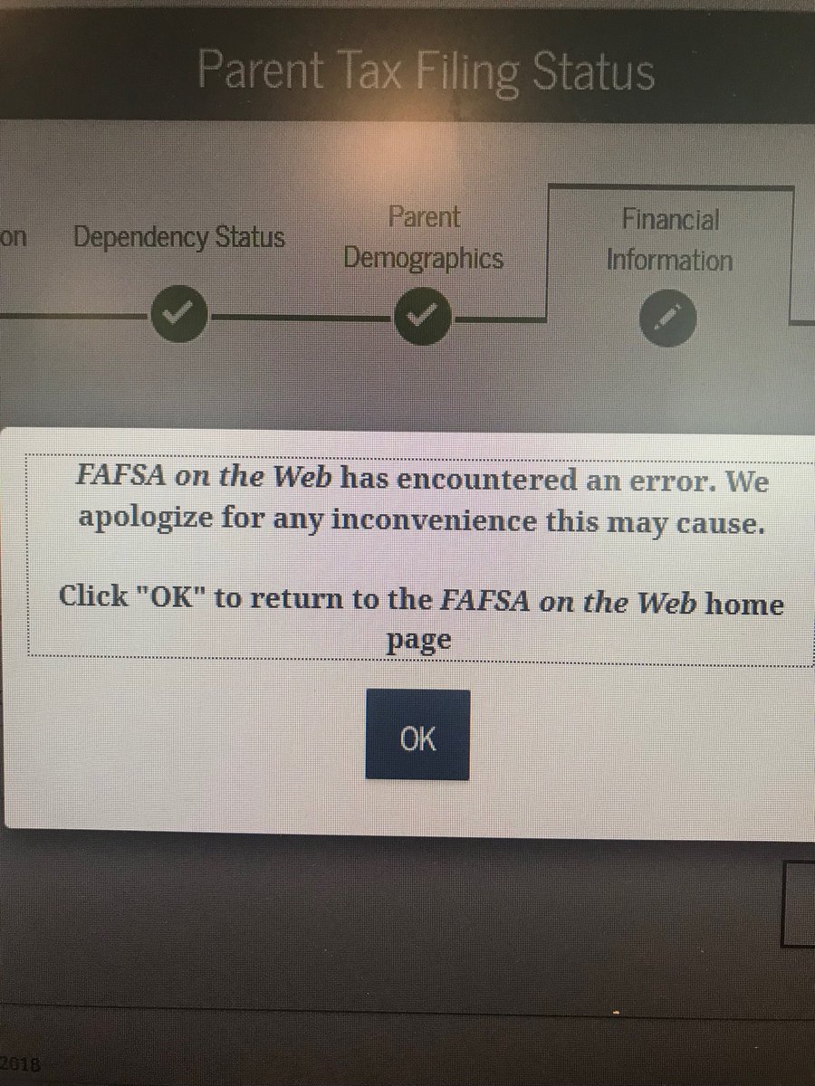⁦<a href="/FAFSA/">Federal Student Aid</a>⁩ I keep getting this error message and I am unable to complete the student forms. It’s been happening for 2 days. Gets stuck on financial information