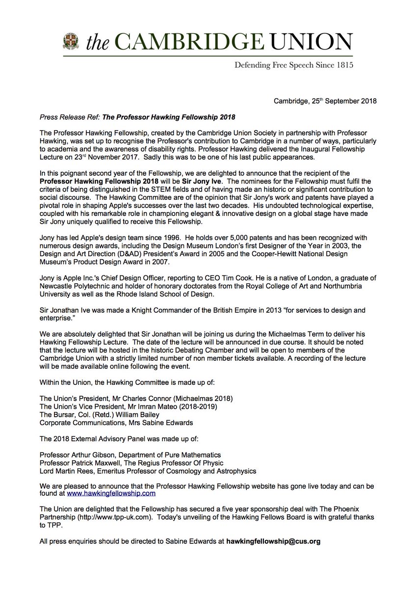 penevents's tweet photo. The news is out!  Sir Jony Ive is the 2018 recipient of the Professor Hawking Fellowship.  We are absolutely delighted and very much looking forward to welcoming Sir Jony to the @cambridgeunion during the Michaelmas Term. #ProfessorHawkingFellowship #Fellow2018 #SirJony https://t.co/nK7fBh7Urz