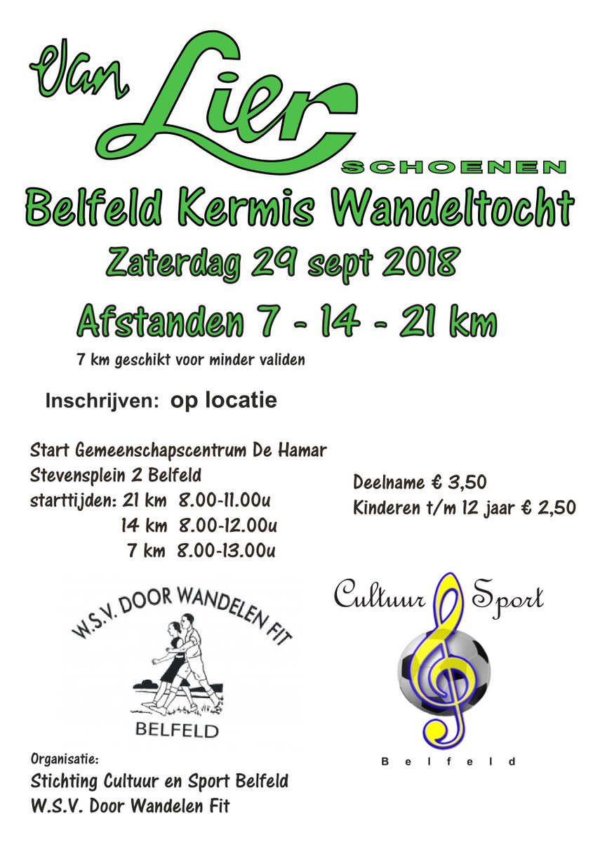Zaterdag lekker wandelen in Belfeld tijdens de van Lier Schoenen Belfeld Kermis Wandeltocht. Je komt toch ook? Inschrijven kan alleen op locatie...