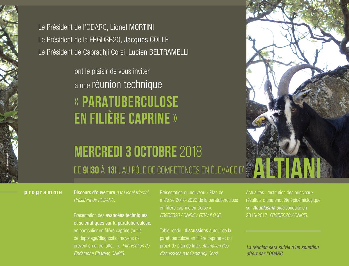 mpb_Corsica's tweet image. Suite à la validation par l'Assemblée de Corse du plan de maîtrise de la paratuberculose caprine, une réunion technique d'information destinée aux vétérinaires, techniciens et éleveurs est organisée le 03 octobre à la station de l'#ODARC à ALTIANI.