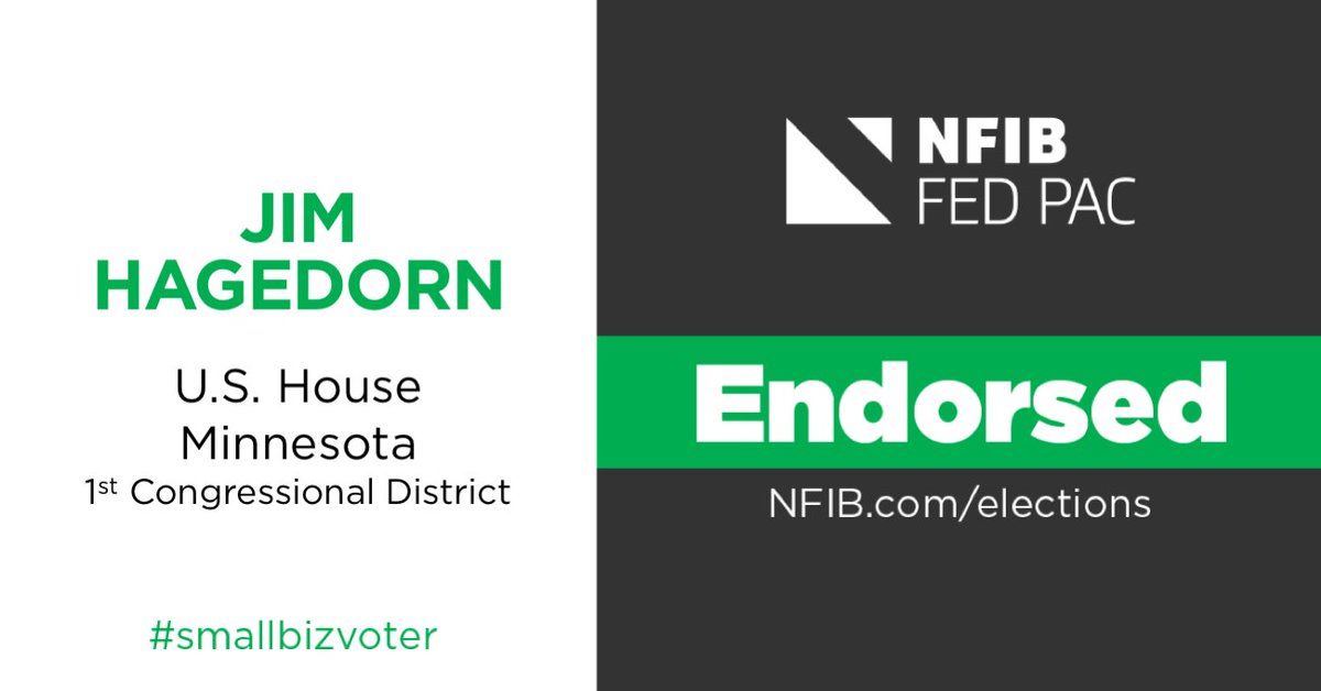 NFIB's tweet image. A dedicated supporter of Minnesota #SmallBiz, @JimHagedornMN has a strong understanding of issues that affect small businesses, including #TaxReform and reducing burdensome regulations. We are proud to endorse him for #MN1. #SmallBizVoter on.nfib.com/2O7MXhf