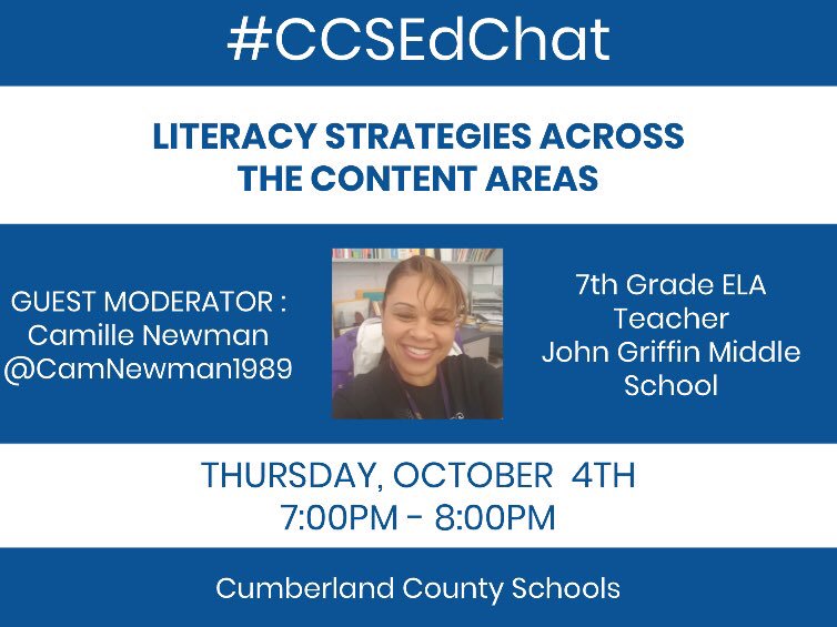 katye_smith's tweet image. Here’s our #moderatorspotlight for October’s #CCSEdChat! @CamNewman1989 is a 7th grade ELA teacher at @jgmspirates. She also is a #CCS literacy PD facilitator and is apart of the #CCS ELA curriculum/documents team! Join us 👉🏼October 4th at 7pm👈🏼 #ccsleads