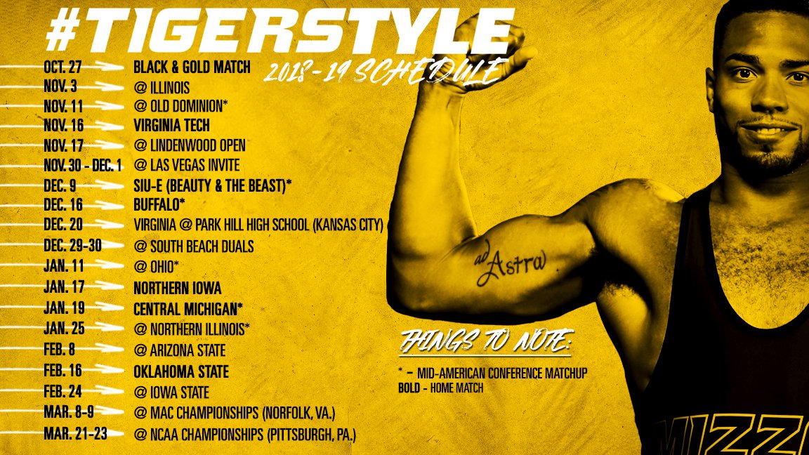 MizzouWrestling's tweet photo. Mark your Calendars 📆 🙌

The 2018-19 #TigerStyle schedule has been released 💯

🔗 https://t.co/F7kcNpWDOv
🎟️ https://t.co/7XXDauRPaq 

#MIZ #TigerStyle 🐯🤼 https://t.co/rA1TKDhsTh