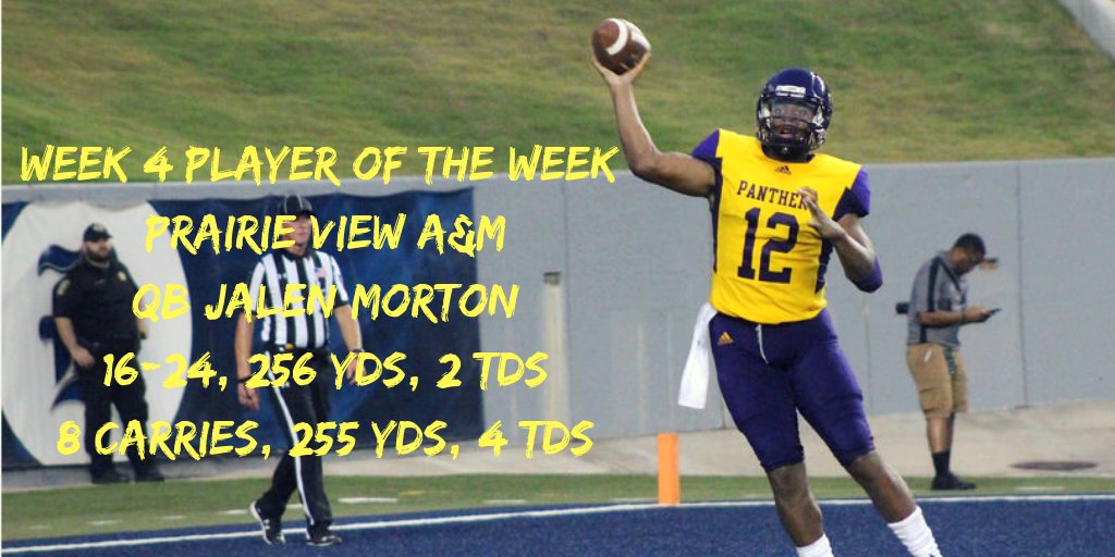 Congratulations to our Week 4 Player of The Week, Prairie View A&M (@PVAMUPanthers) Quarterback Jalen Morton (@JMoII1). Morton had himself a day against UAPB! Read more about what we said about Morton at hbcuspotlighttv.com.