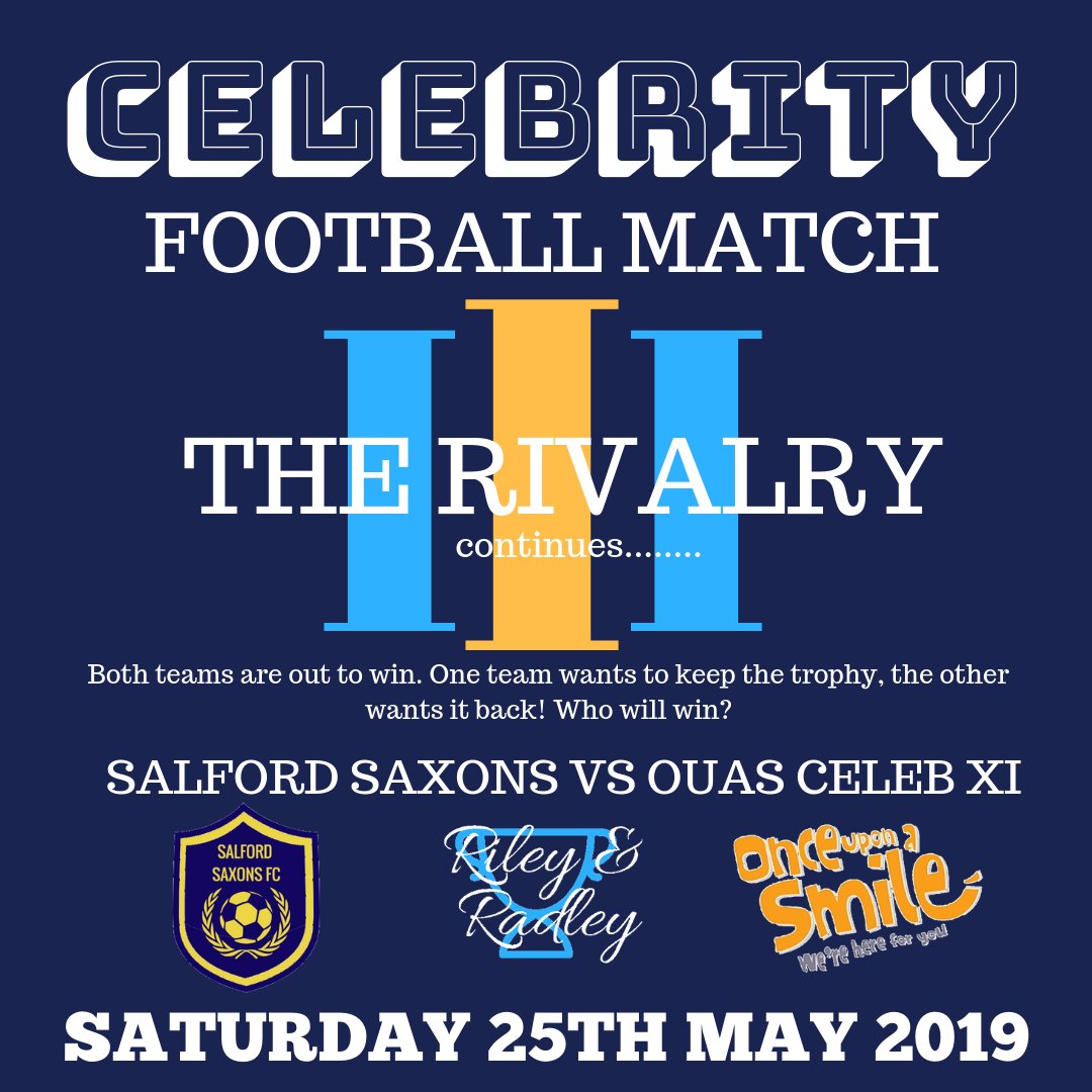 Due to last years unbelievable Event, we are proud to announce <a href="/hydeunited/">Hyde United FC 🐯</a> as our Hosts for next year's Event again.  We will be striving to smash our target for the wonderful <a href="/Sidley_OUAS/">Once Upon a Smile</a> 
Salford Saxons vs <a href="/OUAS_CharityFC/">Sidley Charity FC</a> #oneall <a href="/djillings/">Daniel Jillings</a> <a href="/DannyBMiller/">Danny Miller</a> @RClayton92 <a href="/_DomLever/">Dom Lever</a>