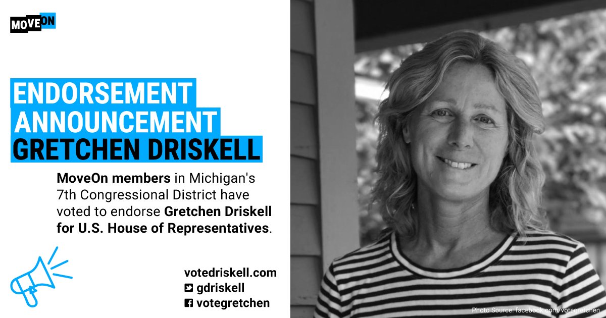 MoveOn's tweet photo. MoveOn members in #MI07 have voted overwhelmingly to endorse @gdriskell for Congress!

Learn more about Gretchen Driskell's campaign here: https://t.co/DvxZEVDM9M https://t.co/rJWzFudWjN