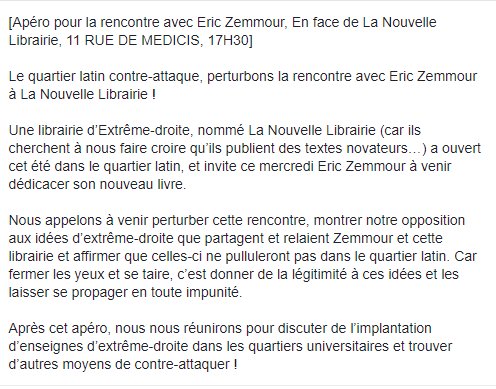 gdelagasnerie's tweet photo. Pas de plateforme pour le fascisme

Appel du Comité d'Action Autonome de la Sorbonne à perturber la venue d'un certain idéologue fascisant à la Nouvelle Librairie d'extrême droite qui vient d'ouvrir dans le 6ème arrondissement à Paris.

✊✊✊ https://t.co/0Mn1DYXPKv
