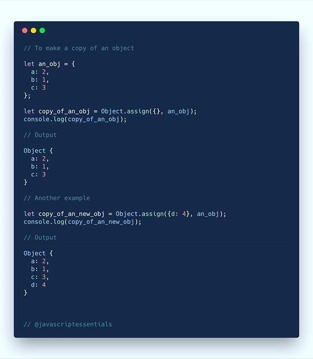 jsessentials's tweet image. The Object.assign() method is used to copy the values of all enumerable own properties from one or more source objects to a target object. It will return the target object.
.
.
.
#javascriptessentials #jseseries #jseseries34
#array #javascript #es6 #angu… ift.tt/2DvRDJC