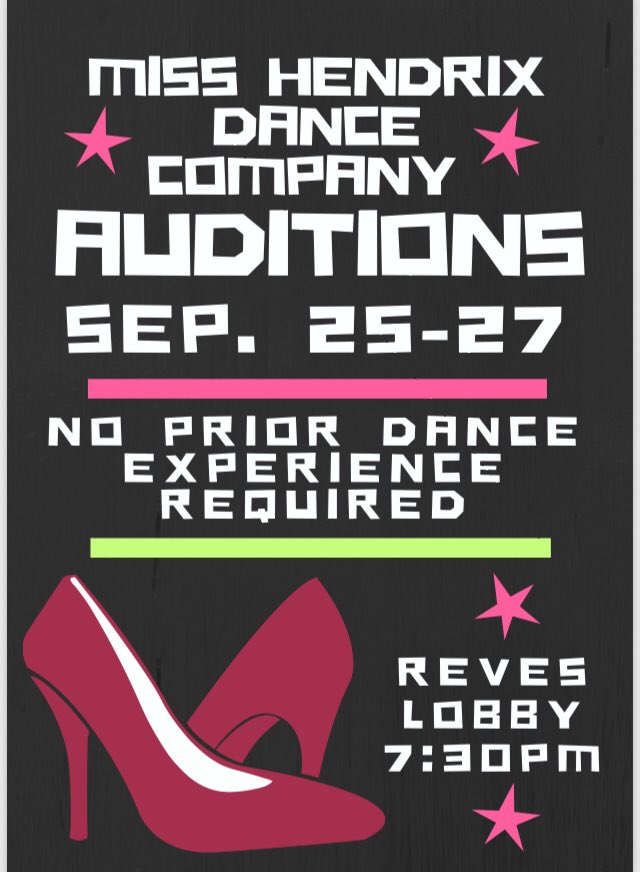 CampusKitty's tweet photo. Miss Hendrix Company auditions start TONIGHT through the 27th at 7:30! Hope to see you there! https://t.co/2uQBkjdLj3