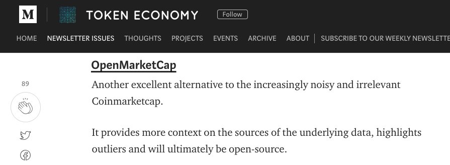 DirtProtocol's tweet image. OpenMarketCap got a shoutout in @stefanobernardi&apos;s Token Economy newsletter, check it out: tokeneconomy.co/67-that-was-a-…