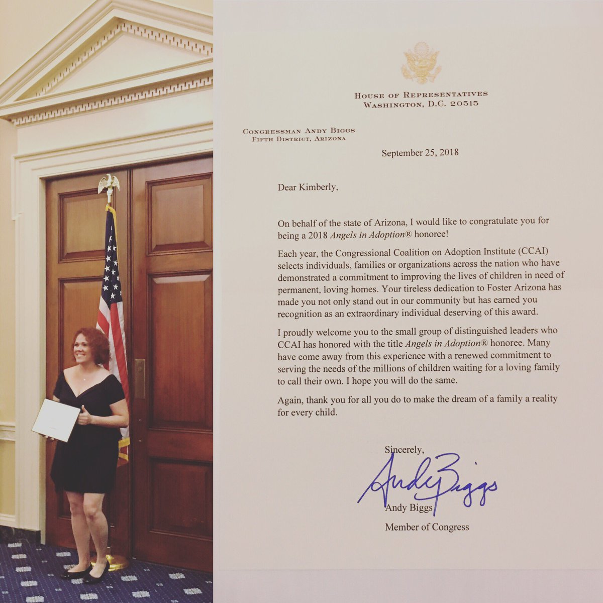 FosterArizona's tweet photo. Congratulations to our C.E.O. Kimberly Vehon. Today she receives her @CCAInstitute Angels in Adoption honor!
Thank you to @repandybiggsaz for this honor and for the advocacy and work that you do for Arizona’s most vulnerable children.
#fosterarizona #arizona #whynot #angels2018 https://t.co/6OYN6H4hhB