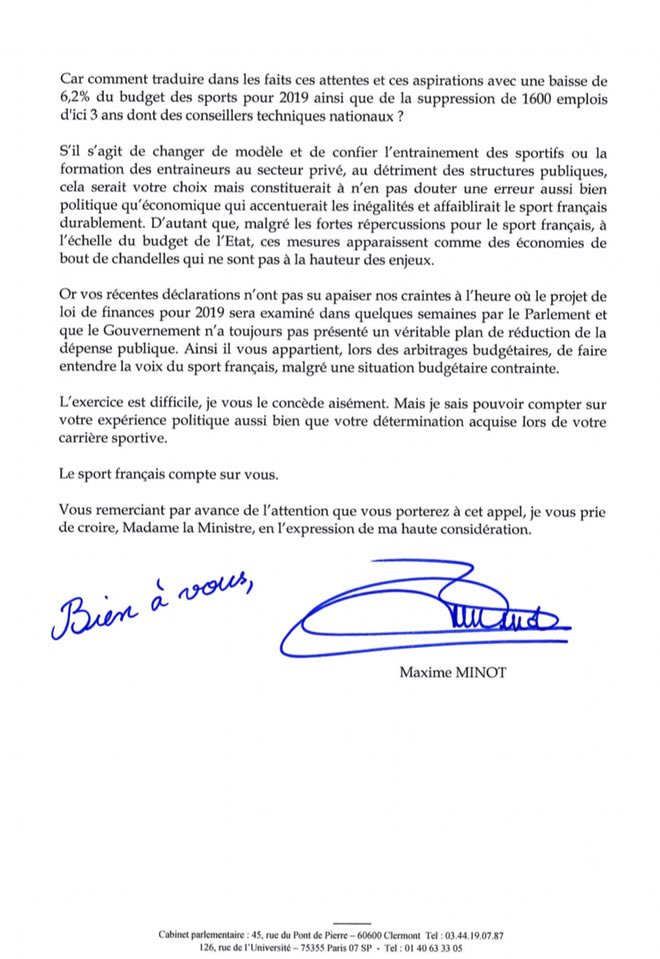 MaximeMinot's tweet photo. Cet après-midi, j’ai interpellé la Ministre des sports pour lui faire part de mes inquiétudes sur la baisse budgétaire et la suppression de 1600 emplois ! https://t.co/bQ7VMTRe2o