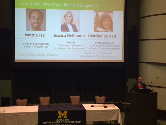 adaptpros's tweet photo. Congratulations to our RALA Special Recognition awardees: Matt Gray, Jessica Hellmann, and Heather Stirratt. Thank you for everything you do for the Great Lakes and climate adaptation! #GLAF2018 @GreatLakesGLISA @NOAA https://t.co/JdSCFslErE