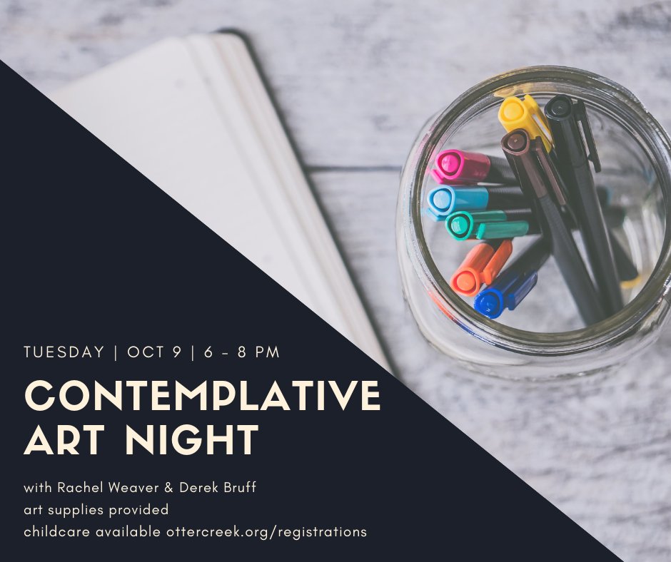 ottercreek's tweet image. All are welcome to a night in which we give ourselves permission to call on the Spirit, create, and contemplate.
Facilitated by Rachel Weaver &amp;amp; Derek Bruff.
Make it a date night or a night off. Come and let the Spirit fill you up!