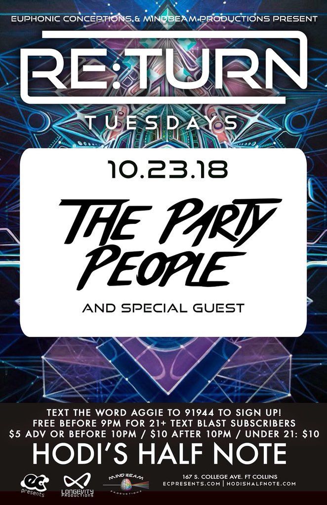 PartyPeopleUSA's tweet image. JUST ANNOUNCED: @ECpresents, #MindbeamProductions &amp;amp; #longevityproductions Present Re: Turn Tuesdays ft @thepartypeoplemusic with Special Guests at @hodis on Tuesday, October 23rd. Tickets on sale now! 
#EuphoniConceptions #ThePartyPeopleMusic #FortCollins