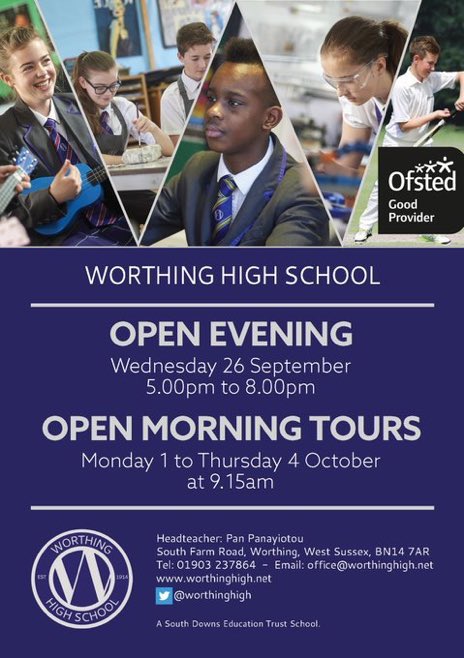 WorthingHigh's tweet photo. It’s our open evening tomorrow from 5-8pm. Please come along and see our amazing school and meet our fantastic students and staff. https://t.co/AOrQjHMmY3