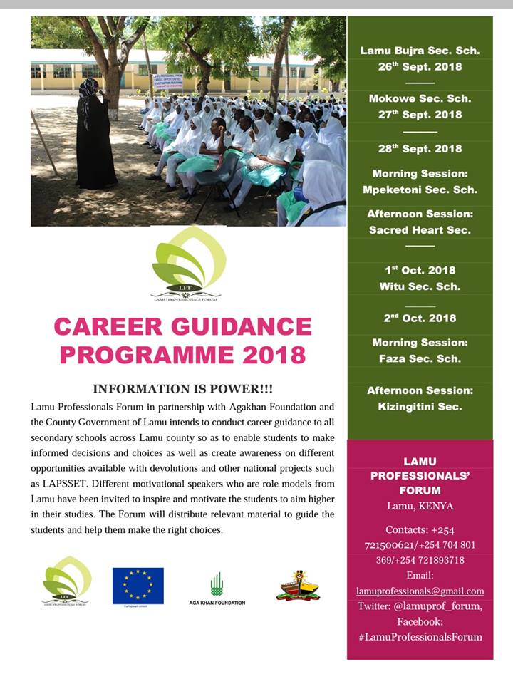 lamuprof_forum's tweet photo. Delighted to inform you on the 4th Annual career Guidance event organized by @lamuprof_forum  in Collaboration with @AKF_EA and @Lamucountygov  in sensitizing Secondary Schools in @LamuCountyKe 

@EUinKenya 
 @Atrashskanda2 
@FatmaBaasba
@fatmaazaharai https://t.co/n632CEmuSa