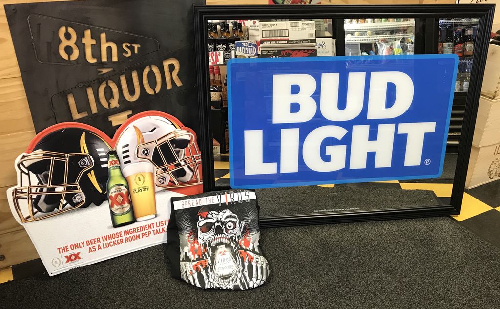 8thStreetLiquor's tweet photo. With Oktoberfest and FHSU Homecoming it seemed like a good time for a giveaway.  We're giving away a Bud Light mirror, Dos Equis football tin, and a Virus vodka shirt.  Like and share this post to enter to win, and stop by the store for an additional chance to enter.  🎊 https://t.co/iKgG6Au1ZP