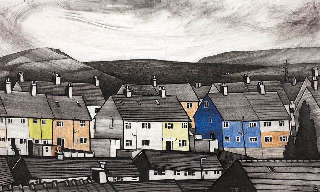 Charcoal drawing with coloured chalk featuring painted houses in New Mills, Derbyshire. Lantern Pike and Kinder Scout can be seen in the distance, with the famous Shooting Cabin just visible above the roof tops #newmills #peakdistrict #colouredhouses #derbyshireart