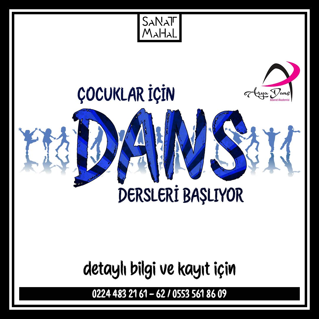 SanatMahal'de "Çocuklar İçin Dans" eğitimleri başlıyor. Detaylı bilgi ve kayıt için iletişim numaralarımızdan bize ulaşabilirsiniz. 0224 483 21 61 - 62 / 0553 561 86 09