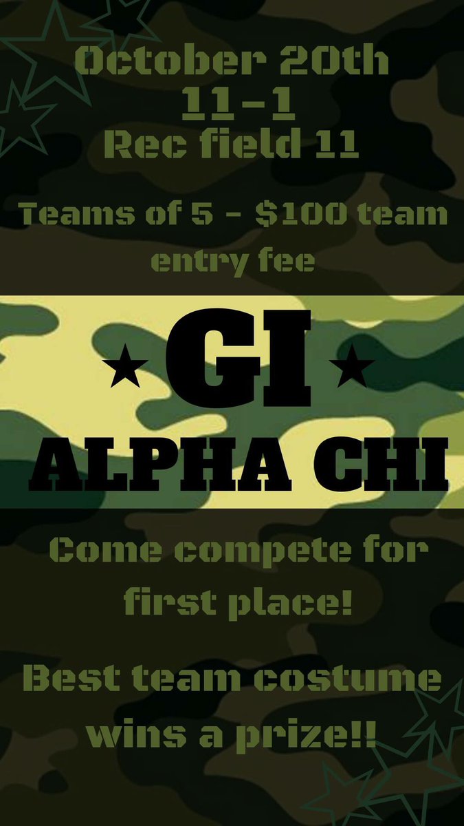 Come compete in our first ever G.I. Alpha Chi event! 

Step 1 - Sign up: signupgenius.com/go/5080449ACAE… 

Step 2 - pay for your team: youareaxogive.alphachiomega.org/project/11374/…

Step 3 - buy a t-shirt: order.universitytees.com/bird_banks/412…