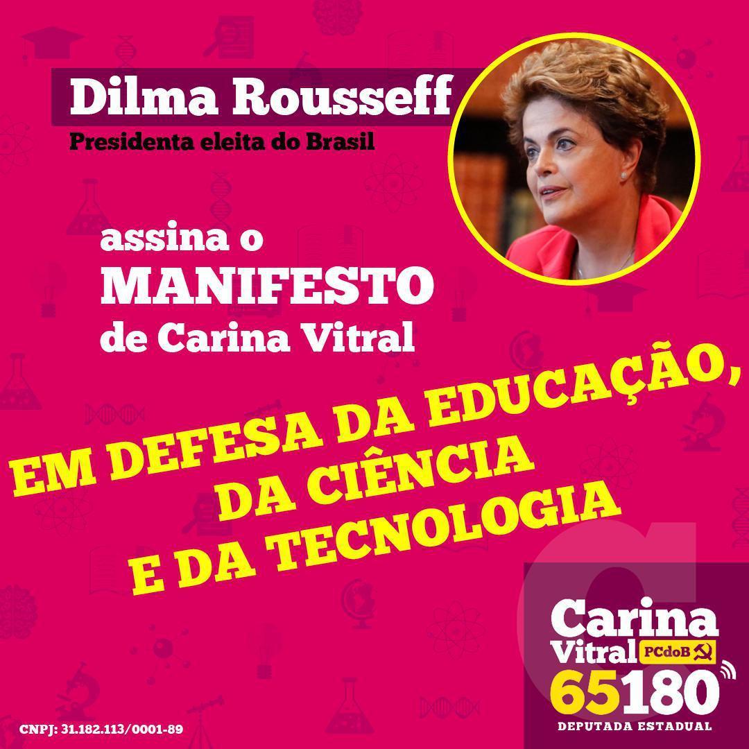 carinavitral's tweet photo. Muito feliz com o apoio da nossa grande presidenta e futura senadora pelo estado de Minas Gerais, @dilmabr. Mulheres fortes andam juntas! Para assinar o manifesto é só acessar https://t.co/c7szu2VVza 💜👊🏼 #CampanhaDeMulher #Carina65180 #OcupaOPoder https://t.co/nONJlVl0dH