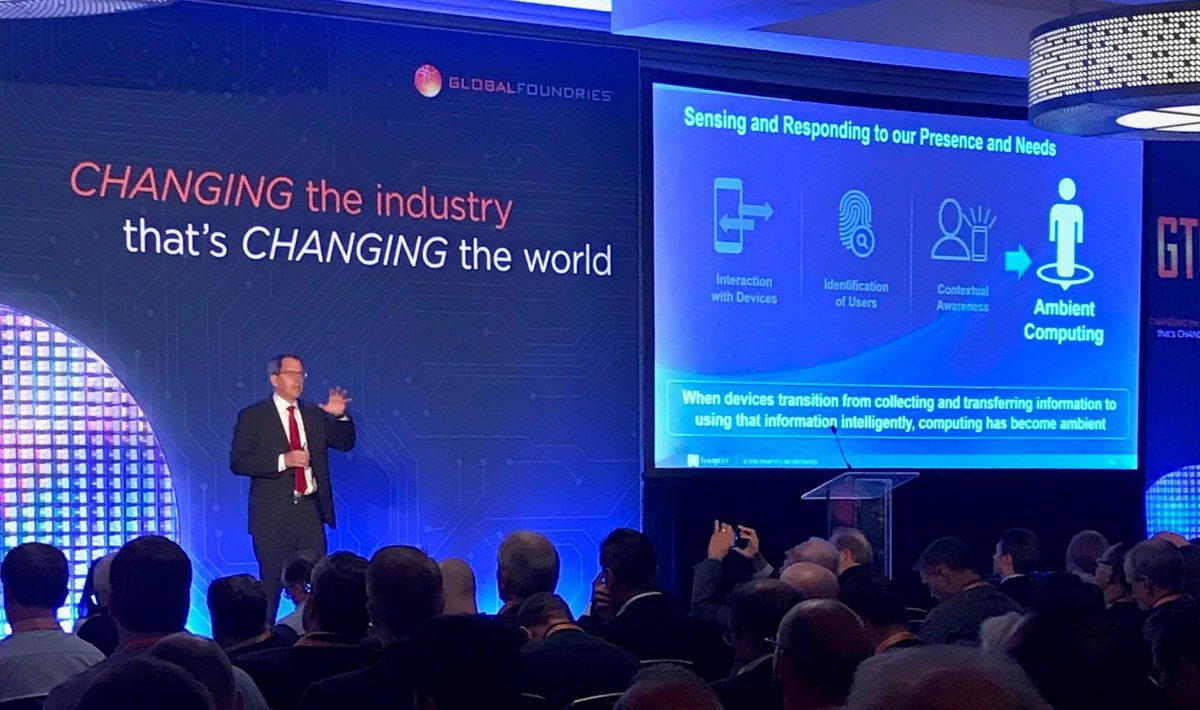 SynaCorp's tweet image. Today @RickBergmanSyna presented a terrific keynote on @synacorp vision of the future of #HMI and Ambient Computing at #GTC2018 Global Foundries event. #ambientcomputing #IoT #consumeriot