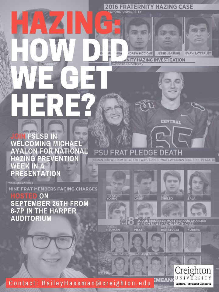 BetaCreighton's tweet photo. Come out to the Harper Auditorium tomorrow, September 26th from 6-7pm and listen to Michael Ayalon speak about National Hazing Prevention Week! https://t.co/zQ1SkR12aI
