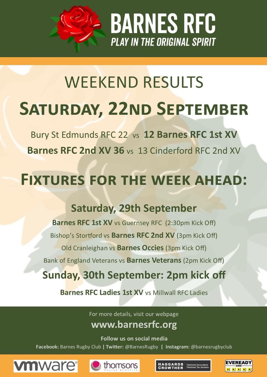 Busy weekend ahead with 5 of our senior squads in action! Join us at the clubhouse for the #ladieslunch on Saturday before the 1st XV’s clash vs @GuernseyRFC - see flyer for info!
#playintheoriginalspirit #weekendsareforrugby #ourclub #Nat2South #barnesrfcfamily #mightybarnow