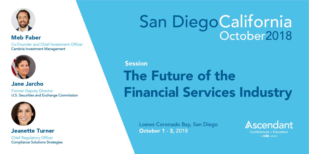 CSSregtech's tweet image. What will the future of the financial services industry look like? Join Meb Faber, Jane Jarcho and Jeanette Turner in a discussion of AI, #Blockchain, #BigData and more at "Decrypting #Regulations: Cracking the Code to Powerful Compliance Programs." ascendantcompliance.com/conferences/de…