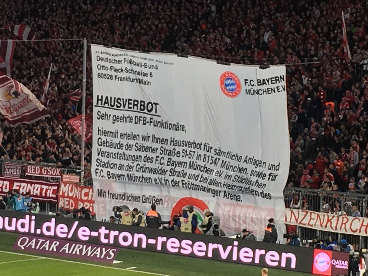 archiert1's tweet photo. In the second half, Bayern Ultras have just raised a banner in the form of a letter to the DFB trying to proclaim a “house ban” on DFB personnel coming to Bayern. https://t.co/yVrQ1UyZdh