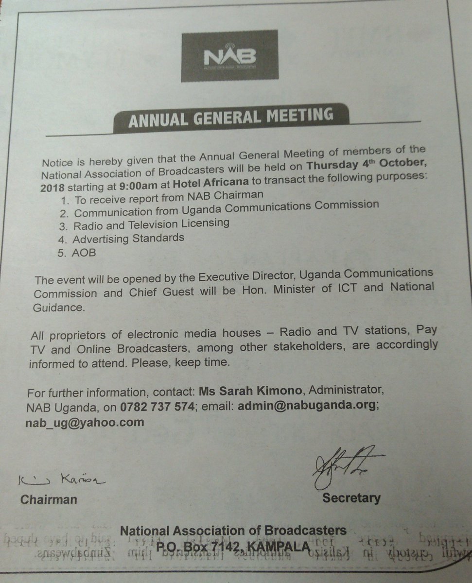 NABUganda's tweet photo. #NABUG18 is set for Thursday, October 4th at Hotel Africana,Kampala starting at 9:00am .All proprietors of electronic media houses and other stakeholders are invited to attend. https://t.co/qDr9q5vuBF