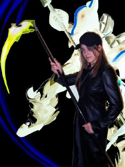 Rachel at 14 years old with dark brown hair wears a black baseball cap and a black leather trench coat and holds a plastic scythe edited to look like a gundam beam scythe. the background is a neon image of gundam deathscythe