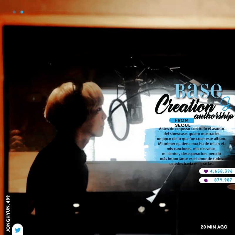 .      jonghyun◝base ep 

Antes de empezar con todo el asunto del showcase, quiero mostrarles un poco de lo que fue crear este album. Mi primer ep tiene mucho de mi en el, mis canciones, mis desvelos, mi llanto y desesperación.