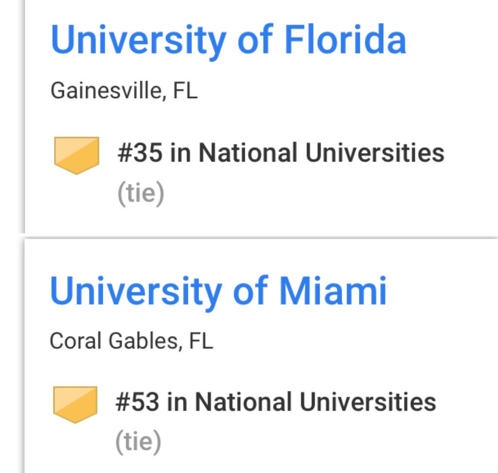 UF at number 35 and Miami at number 53 in national university rankings