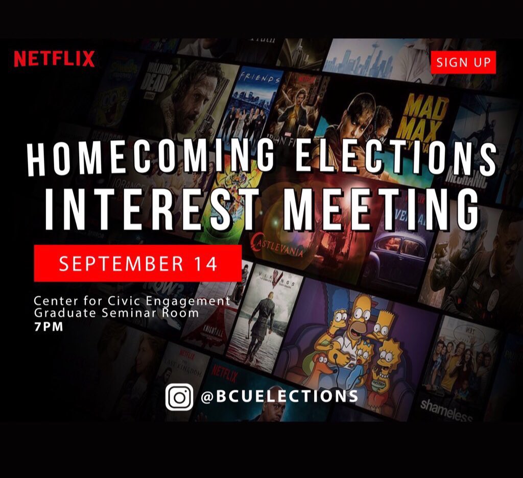 bcuelections's tweet photo. 🔴🎞📽THE TIME HAS COME! 📽🎞🔴
The B-CU Electoral Commission Presents:
A B-CU Original, As seen on Netflix!
Homecoming Elections Interest Meeting!
Friday September 14th, 2018
CCE: Graduate Seminar Room
Meeting starts promptly at 7PM!!
@BCUElections
#BCUSGA #BCU22 #BCU21 https://t.co/4JPtdALCDz