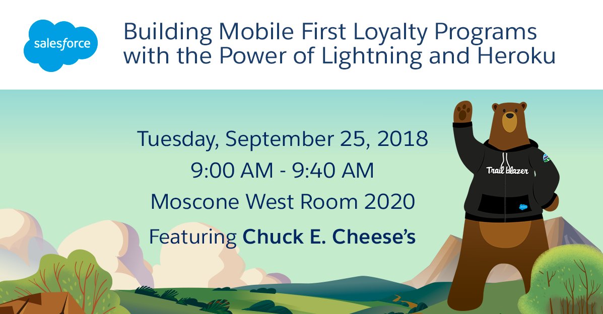 hello_desmond's tweet photo. Learn how Chuck E. Cheese's uses Heroku to deliver a loyalty experience that brings a whole new digital lens to family fun with Heroku and the Salesforce Platform. https://t.co/e3FdSXD9Jc #DF18, #Dreamforce, #Salesforce #Heroku https://t.co/t1nMwCZlmU