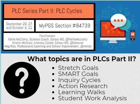 mrroa's tweet image. Are you joining Volusia eLEARNS! PLCs Part II: PLC Cycles webinar series! SMART goals, Stretch goals, student work analysis. Register MyPGS #84739 Starts 9/20 4PM-5PM bit.ly/2MyoNaU @KellieMcclarty @kjmccror #VCSPLC @mmfraine @adkins1shan @PineRidgeHS @spiritbelieves