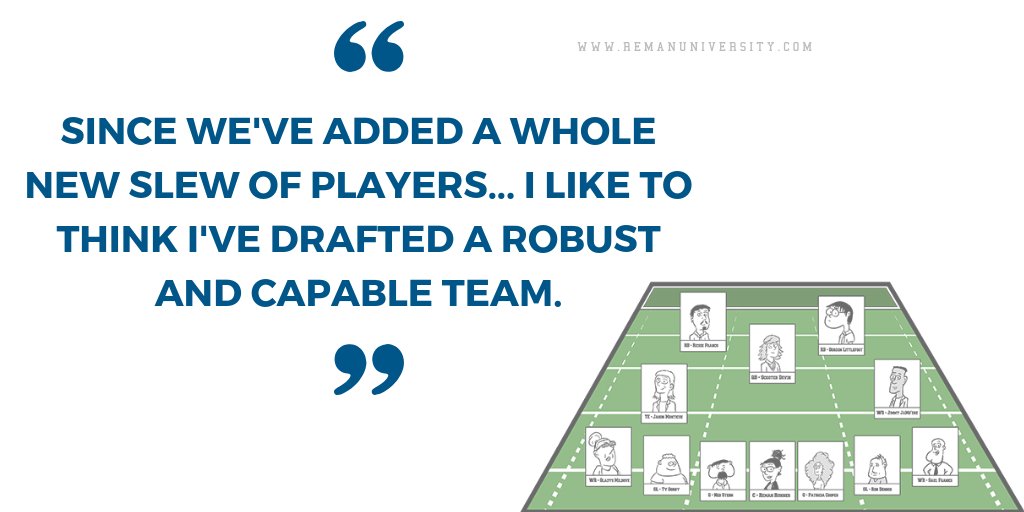 REMANUNIVERSITY's tweet photo. The result of combining fantasy football with a new work team? A versatile group ready to jump in when needed and to defend the team no matter what. Who would you draft #1? #376 #FantasyFootball #espnfantasy https://t.co/WQF9wTwh65 https://t.co/5D0enjzISZ
