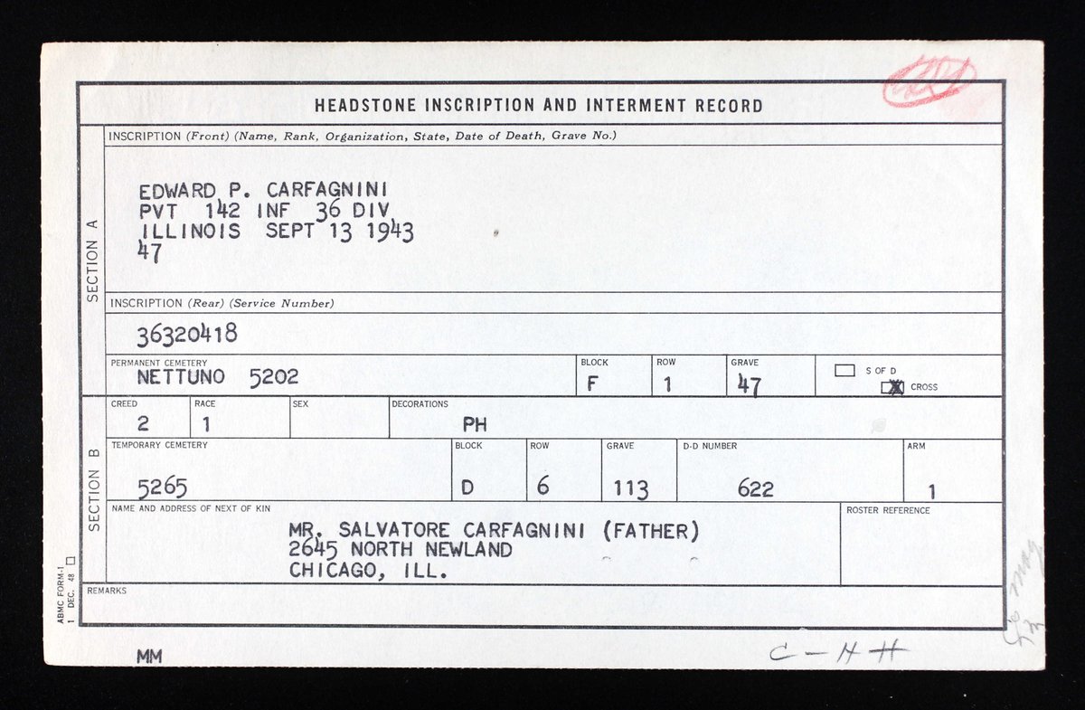 WW2Researcher's tweet photo. Private First Class Edward P. Carfagnini, of Chicago, Illinois and the 142nd Infantry Regiment, was killed in action near Altavilla, Italy, on September 13, 1943, 75 years ago today. #36thInfantryDivision #WW2inItaly #142ndInfantryRegiment #WW2Researcher https://t.co/aKFJWq4BrR