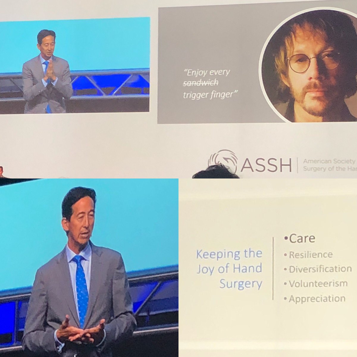 ekuehnmd's tweet photo. Excellent talk from @HandSociety President Dr. James Chang! He touched on the often stigmatized topics of depression and physician suicide, and what we can do to combat burnout and keep our passion for hand surgery. #ASSH2018 #JoyofHandSurgery #EnjoyEveryTriggerFinger https://t.co/zpNLooGu3c