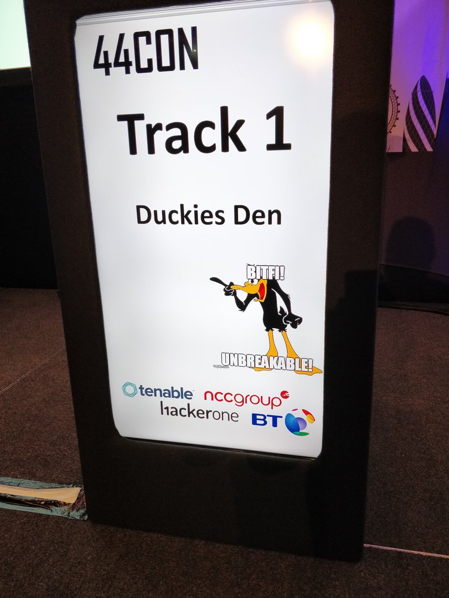 DanRaywood's tweet photo. It may have been @k8em0-less, but @stevelord @JonathanHCare and I drank whisky and managed to make Duckies Den last an hour. Also finally made it to the stage of @44CON track one. https://t.co/4dYsQY4lgR