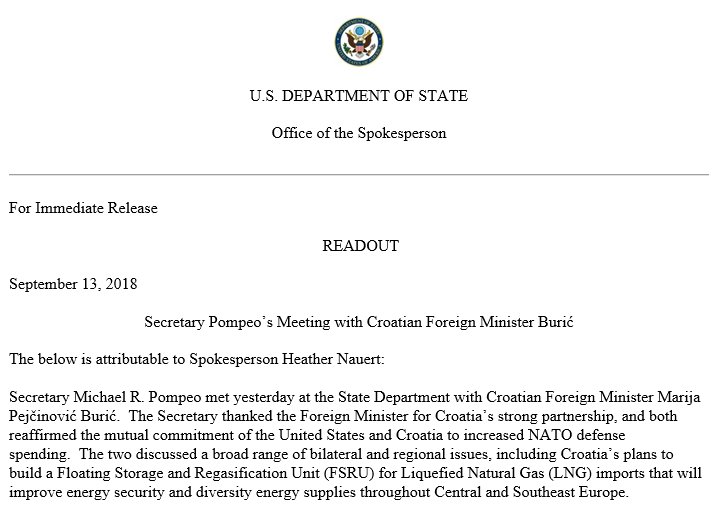 A readout from Spokesperson Heather Nauert on Secretary Pompeo's Meeting with Croatian Foreign Minister Buric, September 13, 2018.