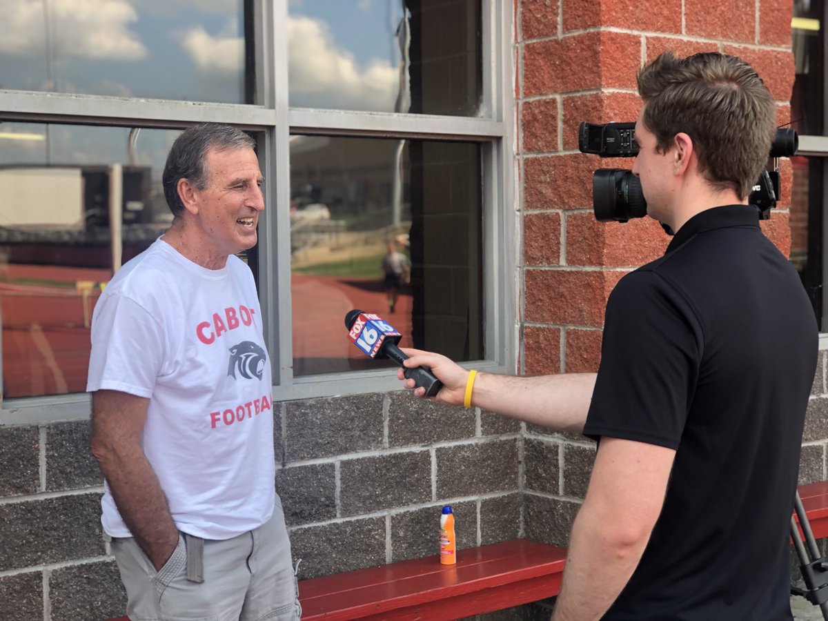 cabotsd's tweet photo. .@CabotAthDept Thanks @Ben_CreightonTV @FOX16News for talking to Coach Malham today! Ben will highlight Coach tonight & during tomorrow’s 🏈game @ Benton! #Goingfor300 @CabotFB @CabotAT @CabotHigh https://t.co/WpPY5iWqMz