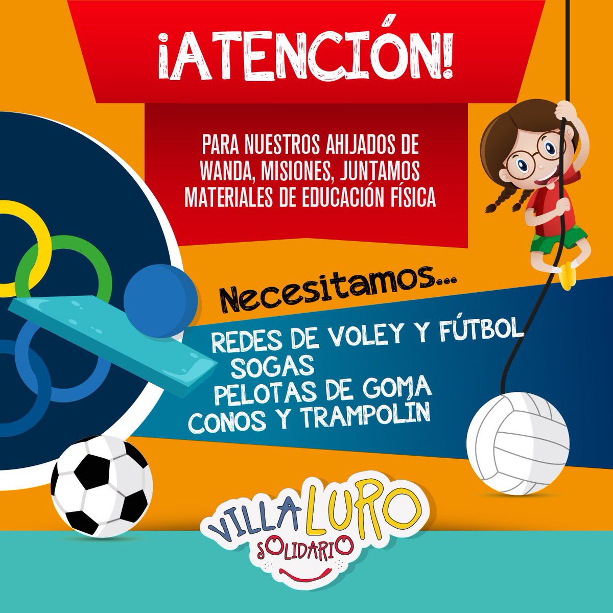 VLUROSOLIDARIO's tweet photo. ATENCIÓN‼️ Para nuestros ahijados de Wandajuntamos materiales de educación física ⚽️🏐🥅🤸🏻‍♀️

Traé tus donaciones a nuestra sede (Felix Origone 730,Liniers) los miércoles de 19 a 21 y domingos de 17 a 19 horas 😀❤️
#vls #ong  #educacion #educacionfisica #futbol #voley https://t.co/koEl4GkaBV