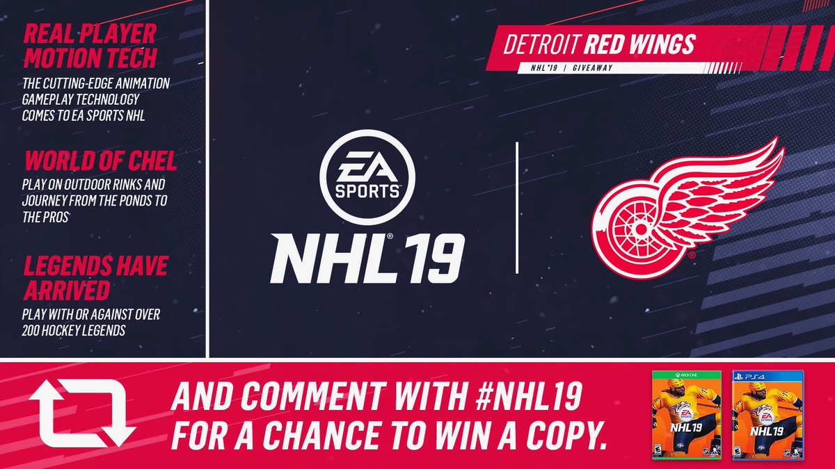 DetroitRedWings's tweet photo. Want an early copy of @EASPORTSNHL 19⁉️ 🔄, comment with #NHL19, tag a buddy, and we’ll send some lucky fans a copy! #LGRW https://t.co/4x7VGdHyx8