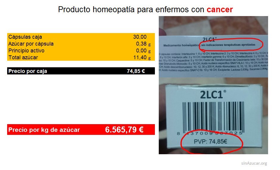 SinAzucarOrg's tweet image. Homeopatía para enfermos  con cancer: 6.565€ el kilo de azúcar. 
#vergüenza
